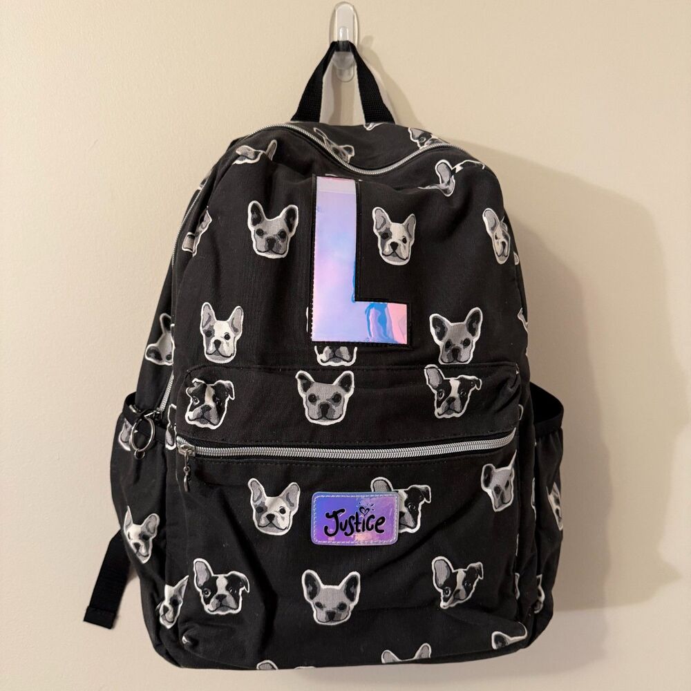 Justice Girls Initial L Backpack Black French Bulldog Puppy Dog Print School Bag